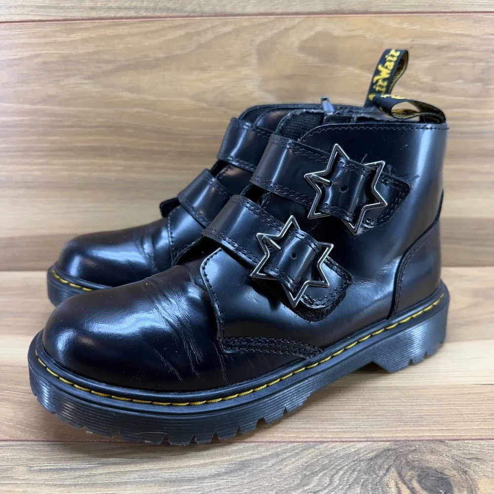 Dr Martens Devon Bex Girls Youth 4 Black Star Chunky Boots Punk Rock Metal Goth
